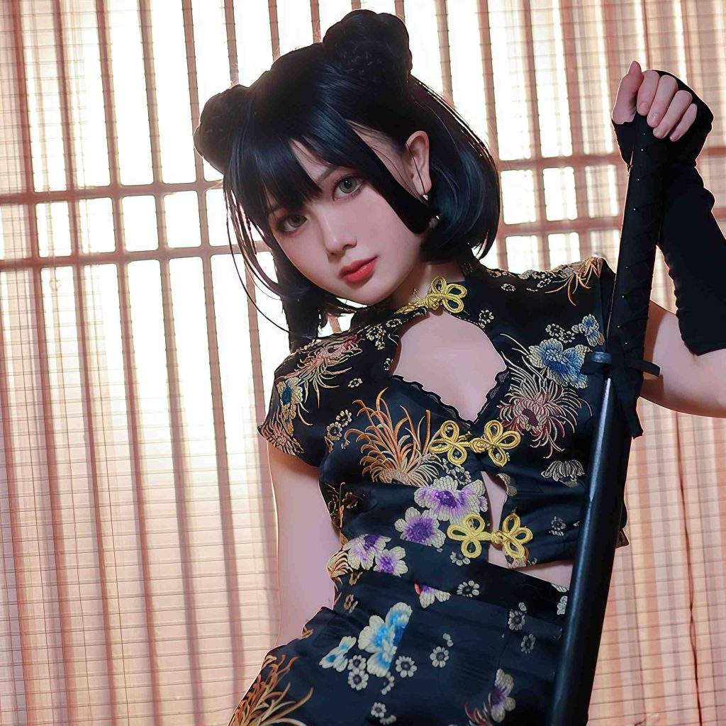 图片[6]-您的蛋蛋旗袍武士娘COS写真赏析，黑金旗袍与武士刀的东方幻想美学