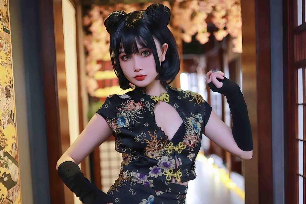 图片[7]-您的蛋蛋旗袍武士娘COS写真赏析，黑金旗袍与武士刀的东方幻想美学