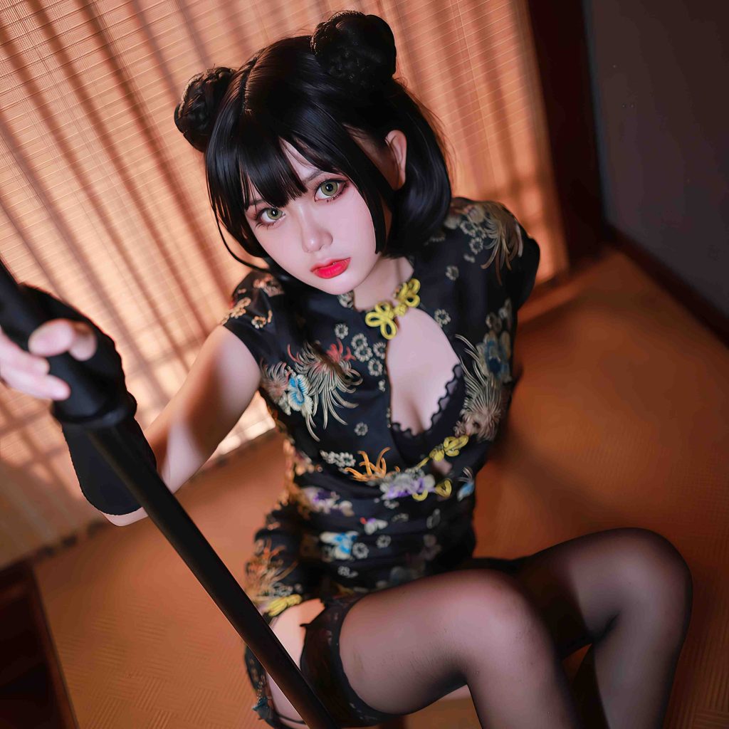 图片[2]-您的蛋蛋旗袍武士娘COS写真赏析，黑金旗袍与武士刀的东方幻想美学